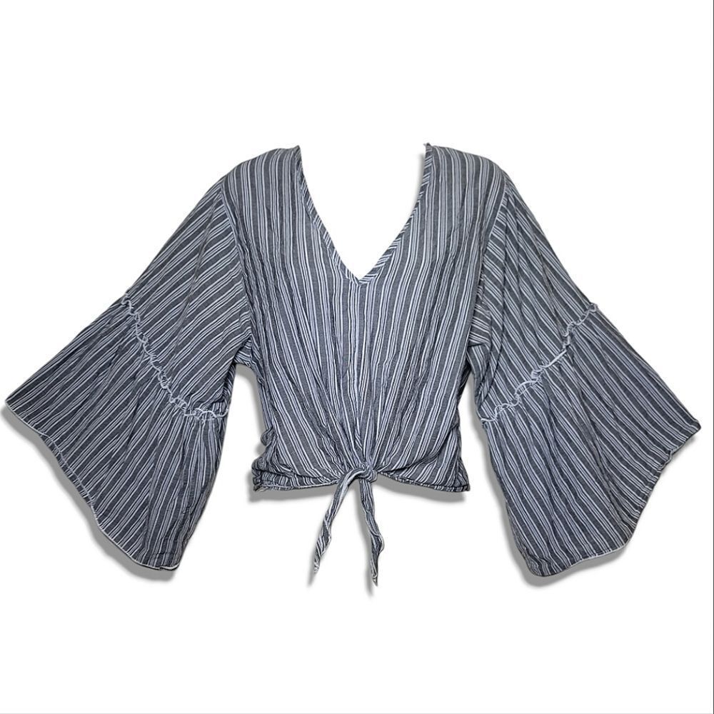 Lavender Field (Anthropology) Bell Sleeve Front Tie Striped Boho Blouse